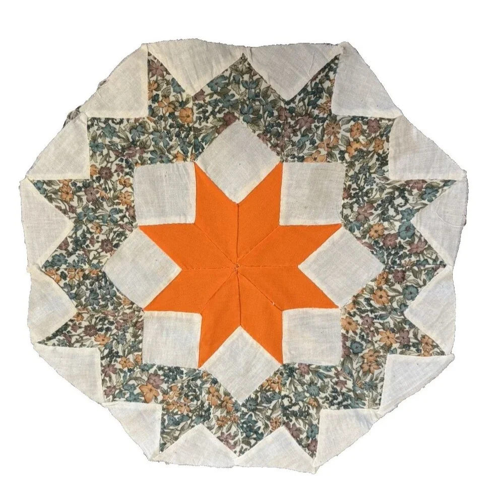 Vintage Hand Pieced Quilt Block Orphan Square 8-Point Star orange/teal/green 14